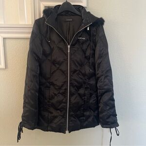Bebe Women's Black Puffer Coat with Fur Trim